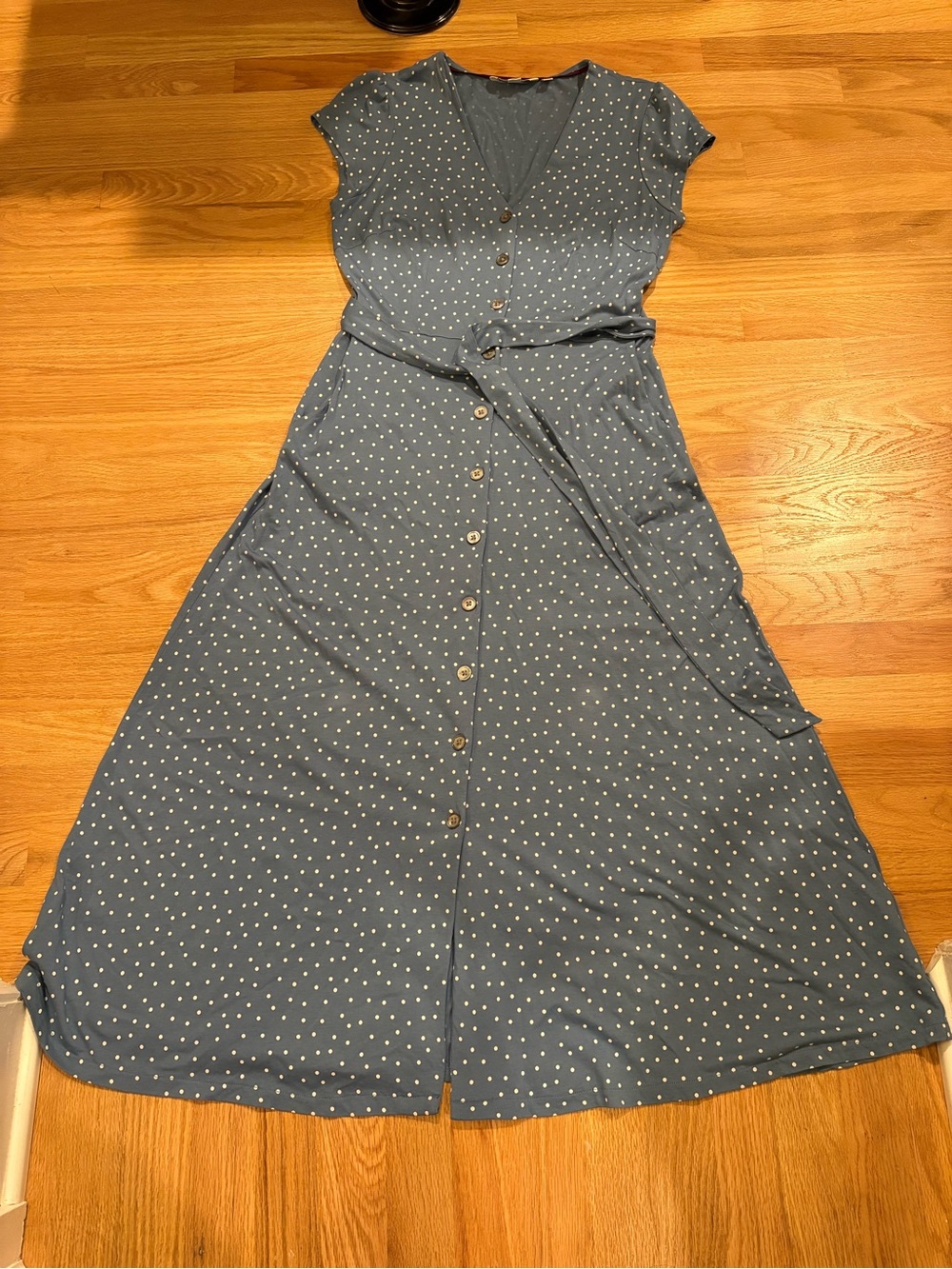 Biden Polka Dot Button-Front Blue Maxi Dress with Tie Waist